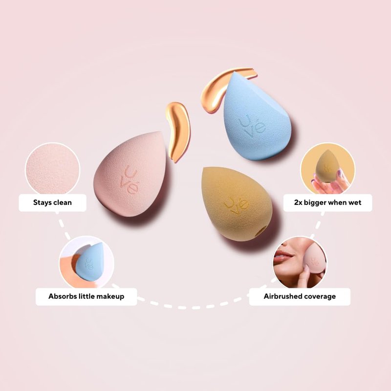 PURE Makeup Blender Sponge Set, Streak Free Application of Liquid, Powder & Cream Foundation, Professional Complexion Blending Tool, Cruelty Free, Vegan, Latex Free, Pack of 3 Shapes