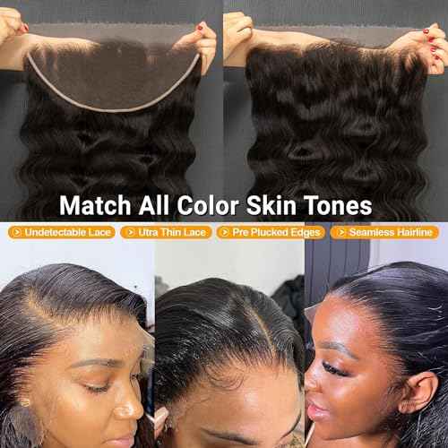 KRN 13x6 Real HD Lace Frontal Body Wave, Ultra-Thin Invisible Lace Human Hair Natural Black 12A Brazilian Virgin Hair Single Knot HD Frontal 13x6 Pre-Plucked with Baby Hair 14 Inch