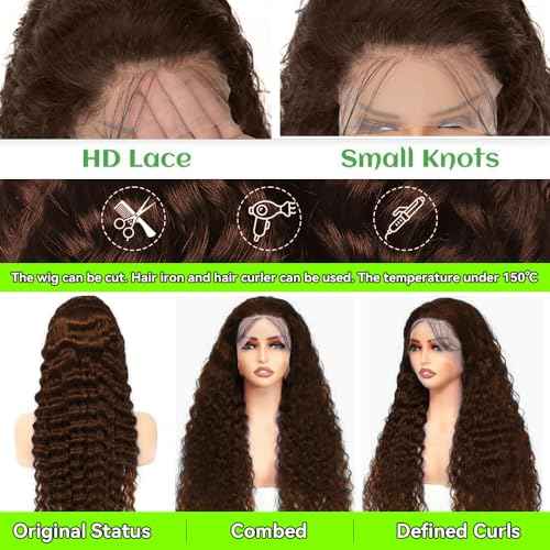 13x6 Chocolate Brown Lace Front Wigs Human Hair Deep Wave Curly Hd Lace Frontal Wigs for Black Women Pre Plucked Pre Plucked Brown Wig Human Hair Pre Plucked With Natural Hairline 24 Inch