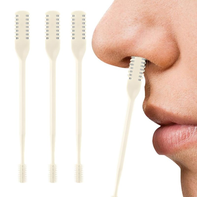 AprYew 2-in-1 Nasal Hair Cutter, Nose Hair Trimmer for Men Women, 360° Rotating Portable Manual Nose Hair Remover Tool with Ear Picker, Double Sided Noses Hairs Knife Travel Essentials (Beige, 3PC)