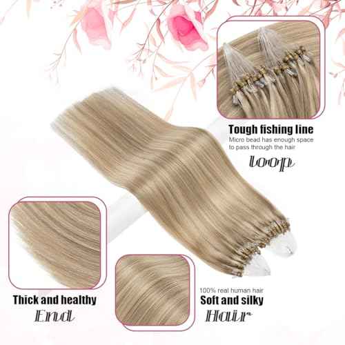 Micro Link Brown Hair Extensions Human Hair Micro Loop Human Hair Extension #16/22 Straight Natural Hair 24 Inch 1g/s 50g Micro Bead Extension(#16/22, 24inch)