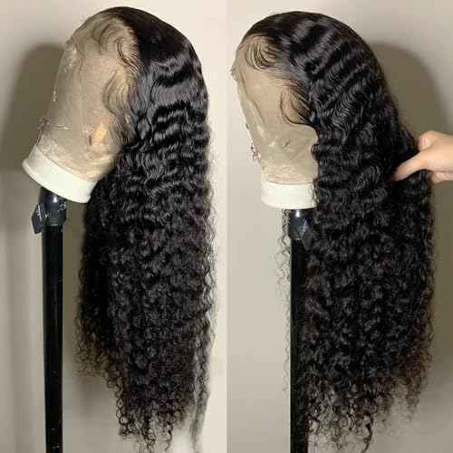13x6 Deep Wave Wigs Human Hair Deep Wave Lace Front Wigs Human Hair 200% Density HD Lace Frontal Wigs for Balck Women Pre Plucked Glueless Deep Curly Wig Natural Black (28 Inch)