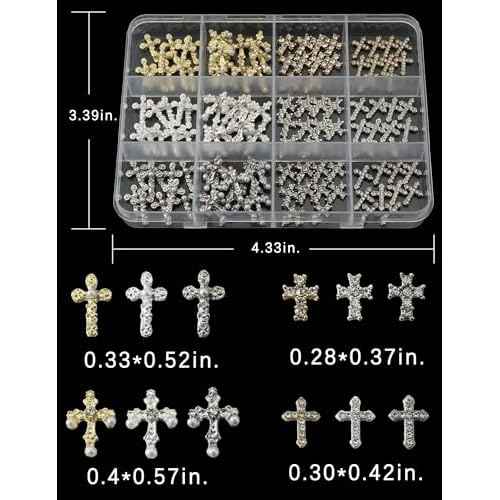 120 Pcs 3D Cross Nail Charms 12 Grids Metal Nail Art Charms White Gold Silver Gold Cross Charms for Nails