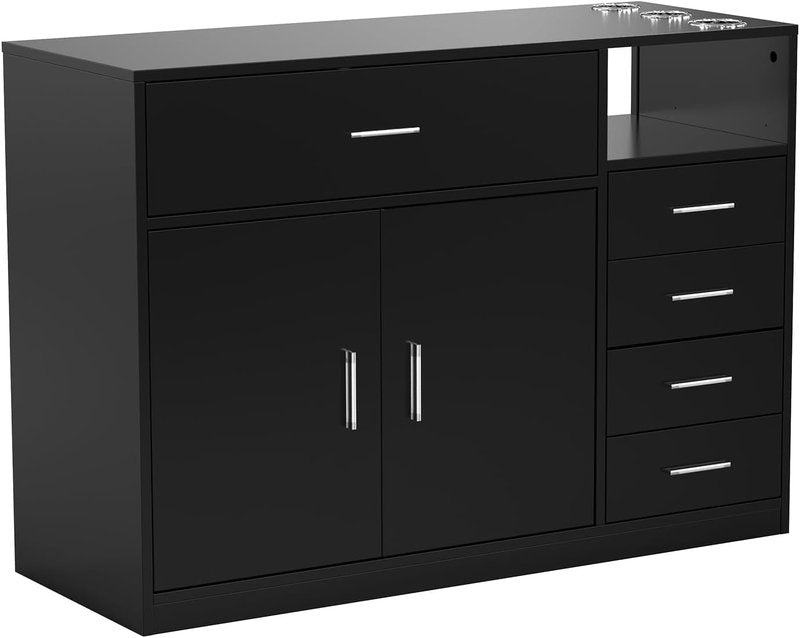 OmySalon Free Standing Salon Station - Barber Styling Cabinet with 5 Drawers & 3 Dryer Holders | Black