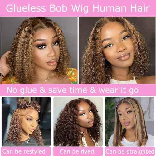 Glueless Bob Wigs Human Hair 5x5 Water Wave Closure Bob Wig Human Hair 4/27 Ombre Highlight Wear and Go Glueless Wig Pre Plucked Pre Cut Wig Human Hair Natural Hairline 180% Density £¨16inch£©