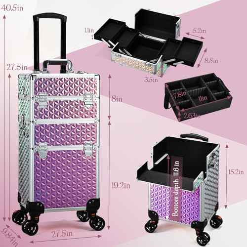 Rolling Makeup Train Case, 3-in-1 Makeup Trolley, Cosmetology Case on Wheels, Travel Makeup Organizer Case for Salon Barber Cosmetology Students, Nail Technicians, Hairstylists, and MUAs, Shiny Pink