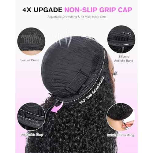 Kinky Curly Half Wig Human Hair 200 Density 3 In 1 Seamless Flip Over Half Wigs Glueless KinkyCurly Wigs Human Hair Beginner Friendly 360 Degree Flexi-fit Drawstring Headband Wig for Women 16 Inch