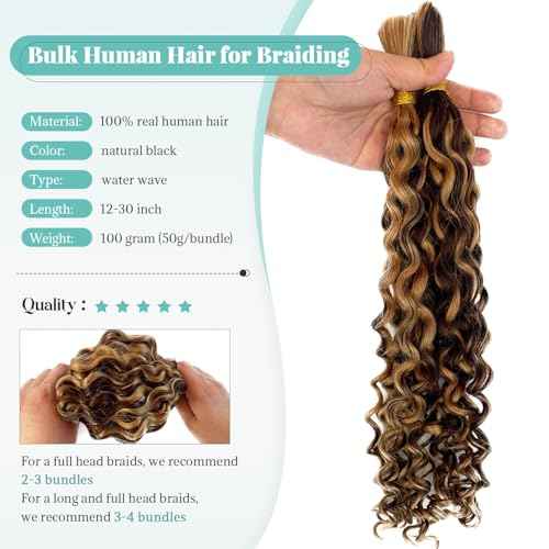 30 Inch Highlight Honey Blonde Human Braiding Hair for Boho Braids Deep Curly Bulk Human Hair for Braiding No Weft 2 Bundles 100G Water Wave Wet And Wavy Micro Braiding Extensions