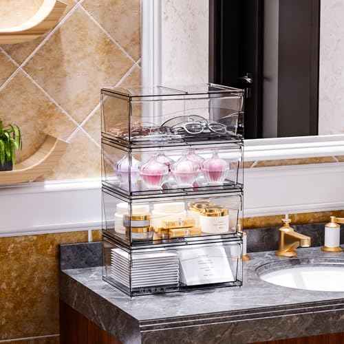 4 Pack Clear Stackable Storage Drawers,12"W Large Bathroom Makeup Organizer and Pen,Sunglass,Medicine,Baby Bottle Organizer,Plastic Pull Out Storage Bins for Desk,Under Cabinets,Vanity Countertop