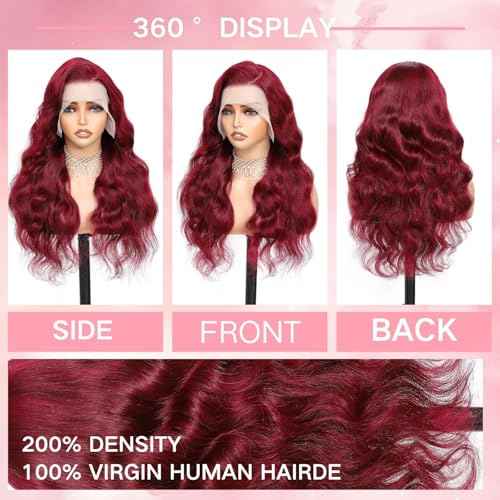 22 Inch 99j Burgundy Lace Front Wigs Human Hair 13x6 HD Transparent Burgundy Wig Human Hair 200 Density Pre Plucked Glueless Frontal Wigs Human Hair for Black Women