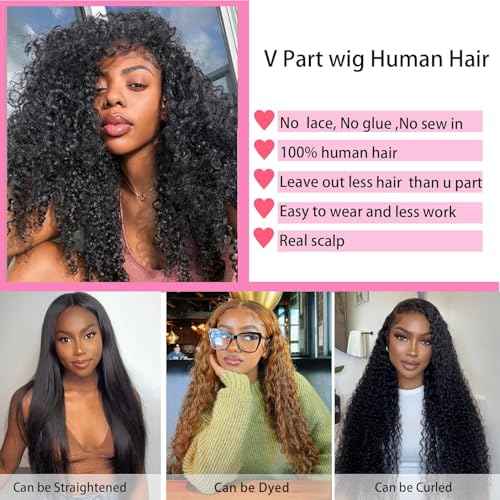 sterly V Part Wig Human Hair Glueless No Leave Out Upgrade U Part Wigs Burmese Curly Wig with Spiral End Deep Curly Wigs For Women Full Head Clip In Half Wigs 200% Density 20inch