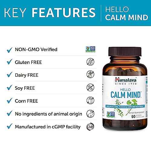 Himalaya Hello Calm Mind Herbal Supplement, with Bacopa, L-Theanine, Gotu Kola, Supports Concentration & Focus, Cognitive Function, Clear Thinking, Relaxation, Vegan, Gluten Free, 60 Capsules