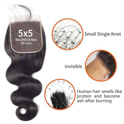 5x5 Real HD Lace Closure Human Hair Pre Plucked Unprocessed Human Hair Closure Invisible Film Lace Closure Natural Hairline(22 Inch, Body Wave)