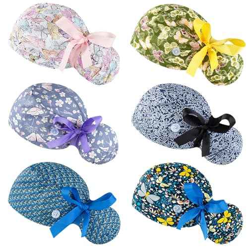Scrub Caps Women Bouffant Scrub Hats Caps Nurses, Adjustable Working Cap Ponytail Pouch Tie Back Hats