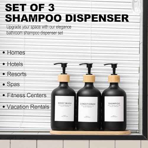 Shampoo and Conditioner Dispenser,16.9 fl oz Set of 3 Black Plastic Refillable Shower Shampoo Dispenser with Bamboo Tray, Reusable Pump Bottles with Labels for Bathroom D?cor (Black+Bamboo Tray)