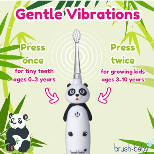 BrushBaby - WildOnes - Kids Rechargeable Electric Toothbrush, Ages 0-10 - Pan-Pan Panda Design with Flashing Lights - DeepClean Bristles for Superior Cleaning - 2 Replacement Brush Heads, 1 USB Cable
