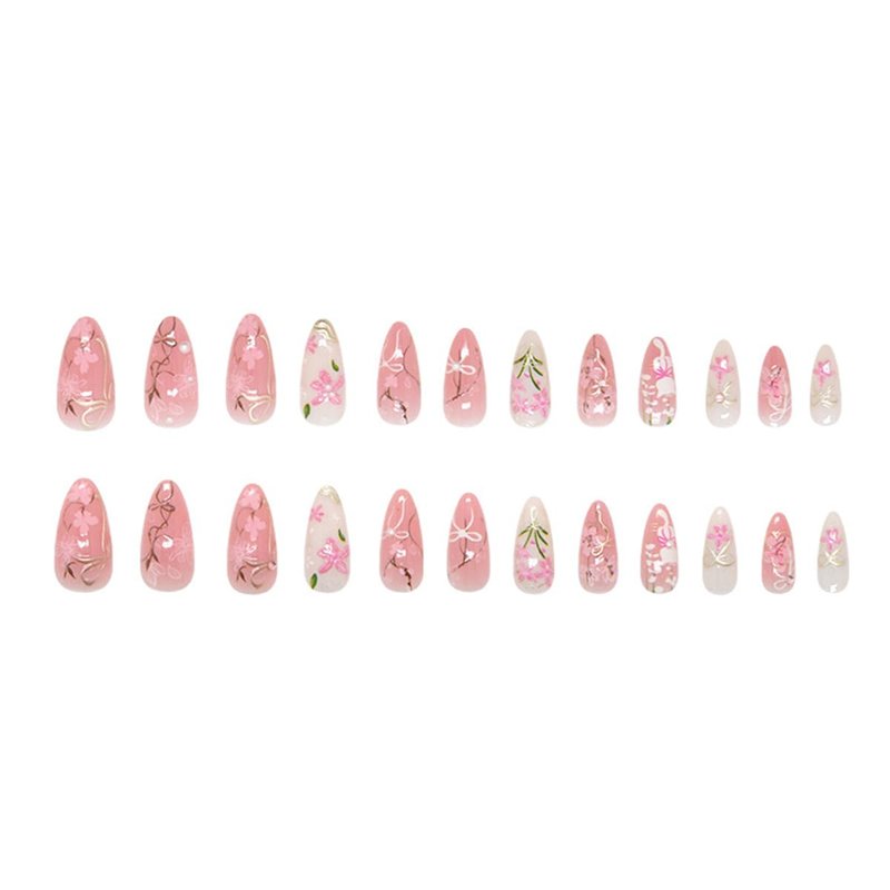 24Pcs Cute Spring Floral Press on Nails Medium Almond Fake Nails Pink Cherry Blossom Bow False Nails with Pearl & Cat Design Reusable Acrylic Glue on Nails for Women Summer Party Manicure Decorations