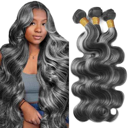 P1BGrey Bundles Highlight Body Wave Human Hair Bundles Ombre Gray Bundles 3 Bundles 18 18 18 Inch Two Tone Black Mixed With Foxy Silver Bundles Hair Weave