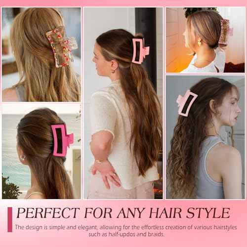5 PCS 5 Inch Extra Large Claw Clips for Women, Acrylic Jumbo Claw clips for Thick Long Curly Hair, Rectangle Matte Hair Claws Clips, Non-slip Square Hair Clips for Women, Christmas Gifts (cherry pink)