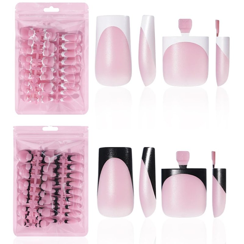 HWHUNO 4 Design French Soft Gel Toe Nail Tips Set,120Pcs White Pink Black Full Cover Square Tip Press on Nails & Press on Wider Toenails for Women Home Diy Salon 15 Sizes