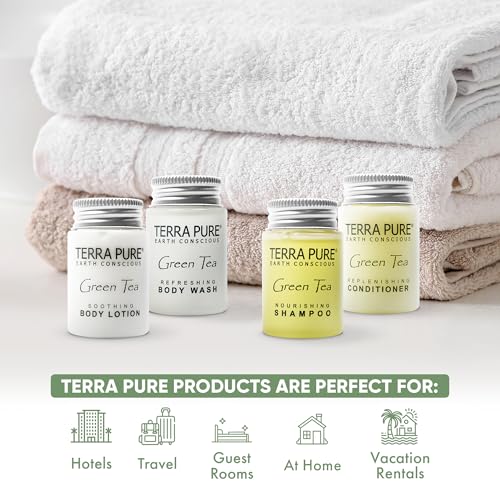 Terra Pure Green Tea Toiletries Set | 1-Shoppe Amenities Kit | 1oz Shampoo & Conditioner, Body Wash, Lotion | Travel Size | 80 Pieces