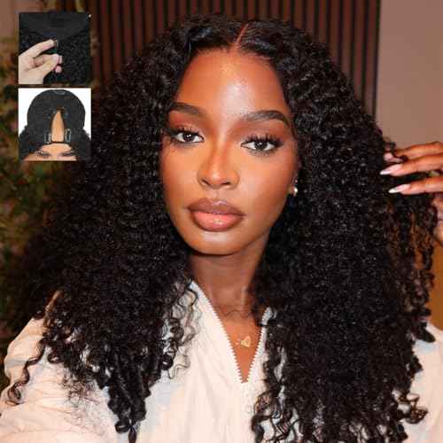 Burmese Curly V Part Wigs Human Hair 200% Density Upgrade U Part Human Hair Wigs with Drawstring and Spiral End Glueless Clip in Half Wigs for Black Women No Leave Out #1B Natural Black 20Inch