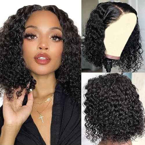 13x6 Deep Wave Lace Front Wigs Short Curly Bob Wig Human Hair 200 Density HD Glueless Lace Frontal Human Hair Wigs for Black Women Pre Plucked Natural Black 8 Inch