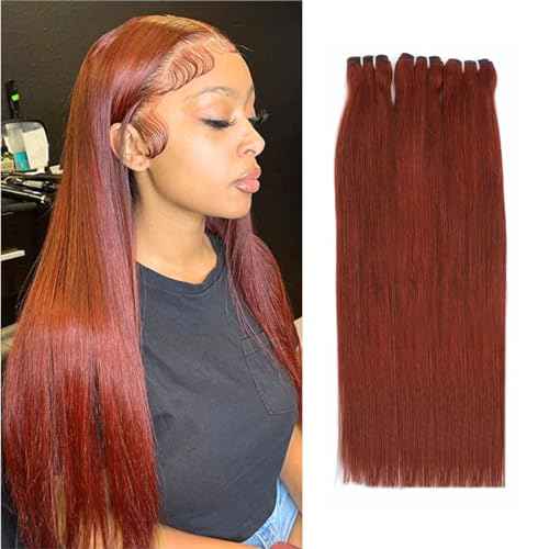 13A Double Drawn Reddish Brown Straight Human Hair Bundles, Full and Thick Copper Red 100% Brazilian Raw Hair 3 Weave Auburn Colored 33B Brownish Straight Bundles 12 14 16 Inch Sew In