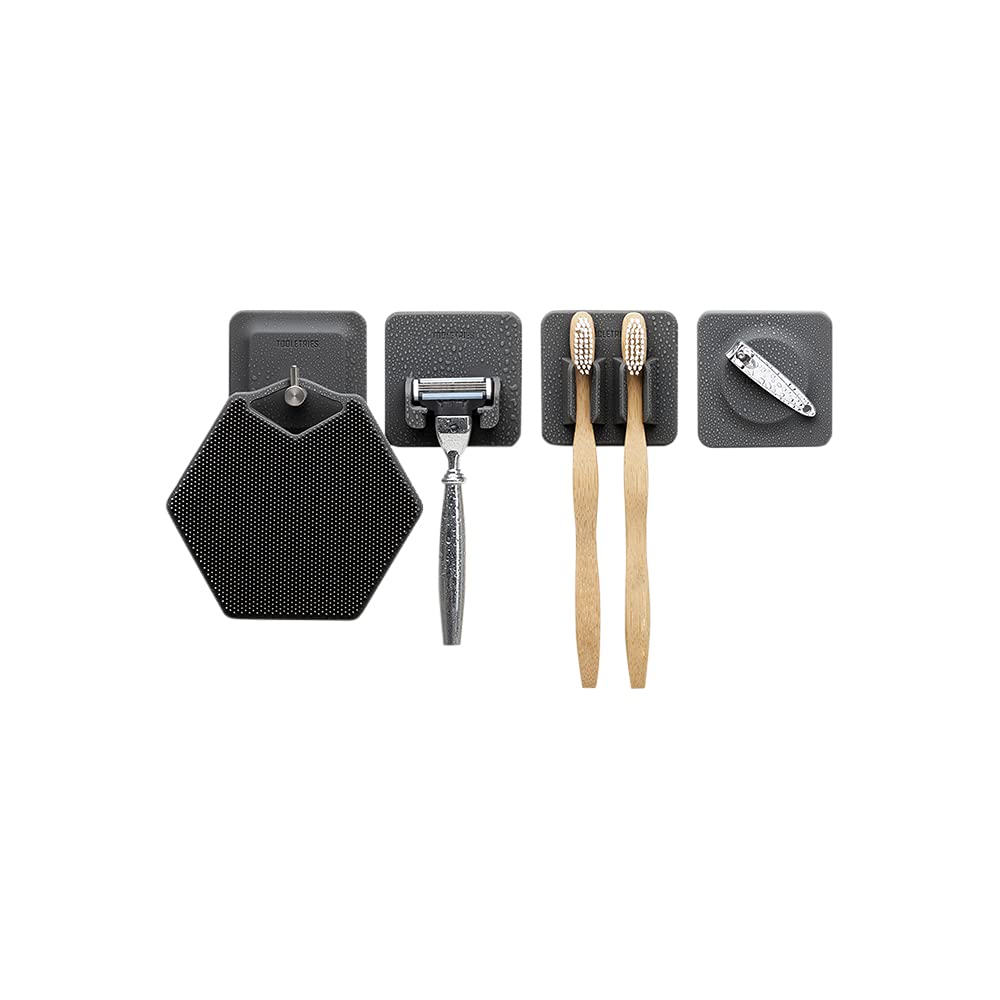 TOOLETRIES The 4-in-1 Tile Series - Secure Holders, Silicone Toiletry Organizer, Shower & Bathroom Accessory - Features Silicone-Grip Technology, Removable & Reusable - Charcoal
