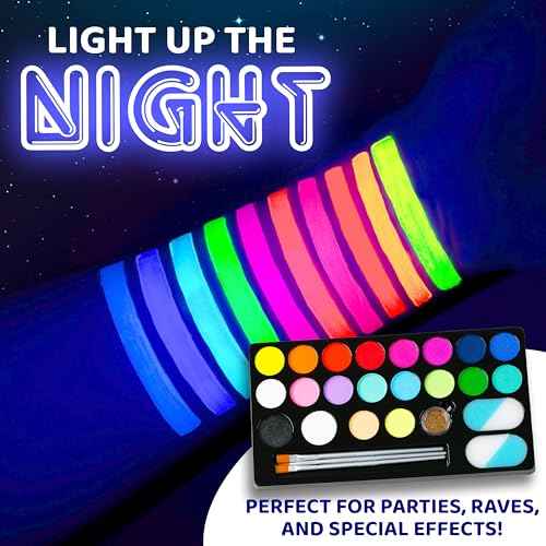 Blue Squid UV Neon Face and Body Paint Glow in the Dark Face Paint Kit 20 Colors Black Light with Stencils, Book - Safe for Sensitive Skin, Non-Toxic UV Painting Professional Accessories Kids Adults