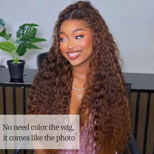 ALHER Honey Blonde Highlight Water Wave Bundles 24 Inch P4/27 Ombre Single Bundles Wet and Wavy Bundles Human Hair Highlight Brown Color 12A 100% Brazilian Virgin Remy Hair for Black Women Soft Thick