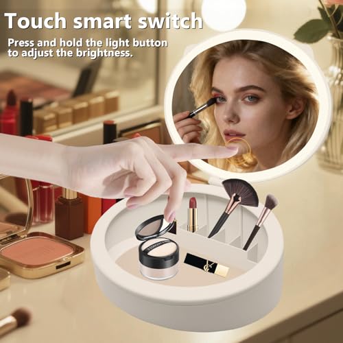 Makeup Mirror with Light, 4K high-Definition Touch Screen Travel Vanity Mirror with 3 Types of Lights, USB Charging, Detachable 3-inch 10x Magnifying Glass (White)