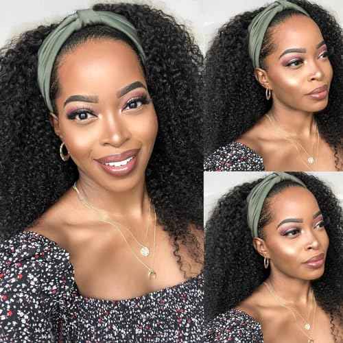 Headband Wig Human Hair Kinky Curly Human Hair Headband Wigs 22Inch Glueless None Lace Front Wig Curly Headband Wig Human Hair Brazilian Virgin Wigs for Black Women 150% Density