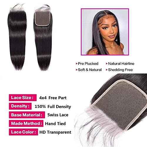 10A Brazilian Straight Human Hair 3 Bundles with Closure 14 16 18+12 Inch 100% Unprocessed Straight Virgin Hair Weave Bundles Human Hair with 4x4 HD Lace Closure