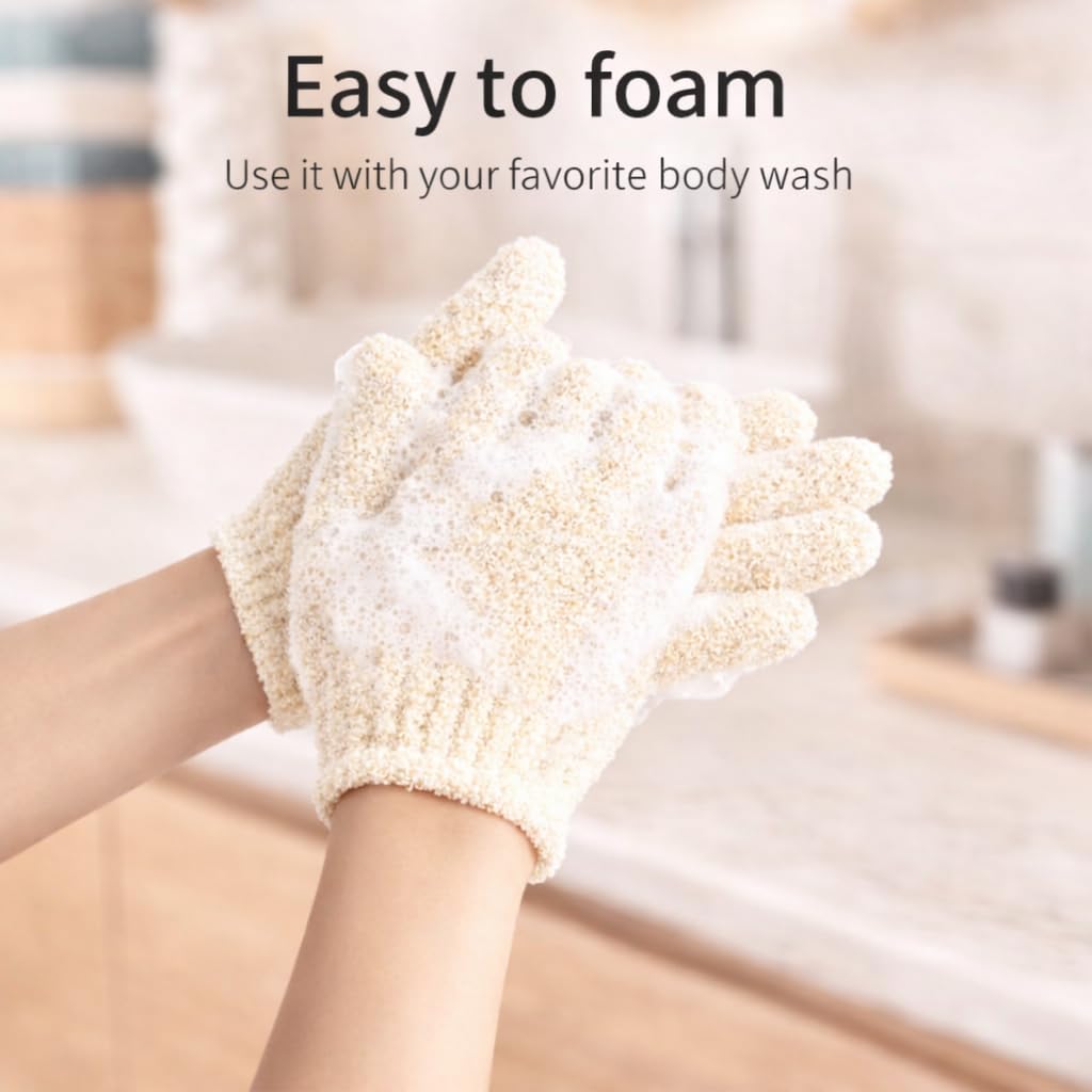 Double-Layer Exfoliating Gloves for Body Scrub – Deep Cleansing Bath Shower Gloves, Dead Skin Remover, Body Exfoliator for Smooth Skin, Reusable Spa Mitts for Men & Women, 4 Pcs, Beige