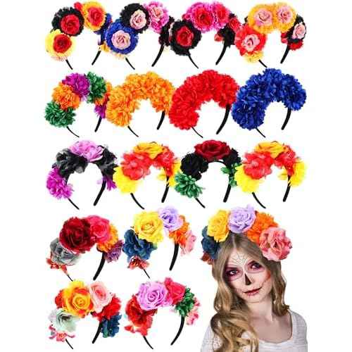 Zeyune Mexican Flower Headband Fiesta Rose Flower Crown Costume Mexican Headpiece for Women Party Cosplay Halloween(Mixed Color,16pcs)
