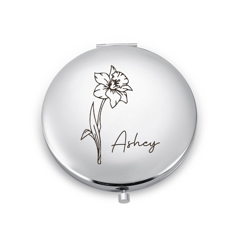 Ahgmeside Personalized Compact Mirror for Women - Pocket Mirror for Women,Custom Birthflower Travel Makeup Mirror for Wife, Mom, Bridesmaid Gifts for Daughter Friend (Silver)