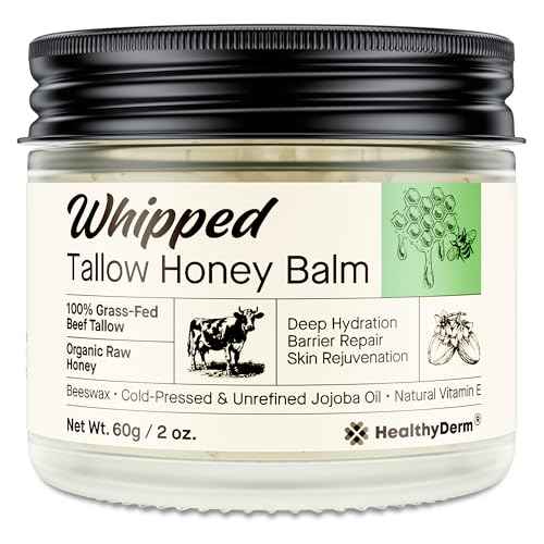 Beef Tallow Honey Balm for Skin: 100% Grass Fed Whipped Organic Moisturizer with Organic Raw Honey, Jojoba Oil, Vitamin E ? Natural Face and Body Care for Mature, Dry or Sensitive Skin, 2oz