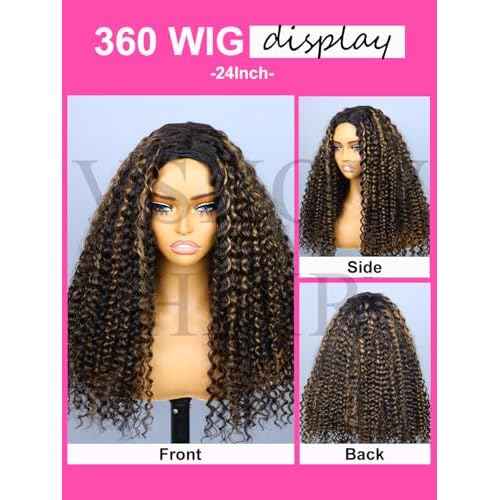 V SHOW Wear Go Glueless Half Wig Human Hair 1B/30 Highlight Water Wave Bod Wigs 3 In 1 Curly Half Wigs 180% Density Drawstring Seamless Fit Strap Flip Over Headband Wig 10 Inch Beginner Friendly