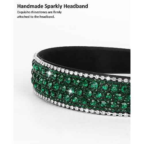 Wecoe Rhinestone Headband - Dark Green Bling Sparkly Crystal Diamond Thin Hair Band for Women & Girls, Fashion Accessory for Holiday, Birthday Gift