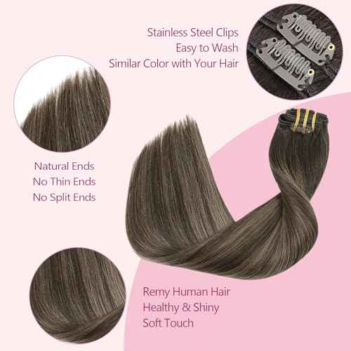 PINKPEARL Clip in Hair Extensions Human Hair Extensions, #2/6/2 Balayage Dark Brown to Chestnut Brown 120g 7pcs 20 Inch Real Human Hair Extensions Clip in Straight Remy Silky Weft(#2/6/2-20)
