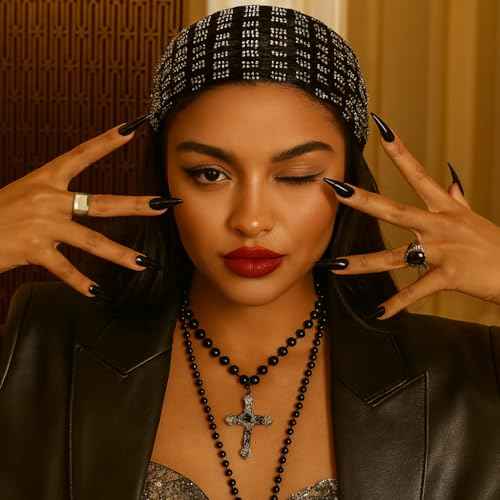Munyee Hua Square Rhinestone Head Scarf for Women Bling Sparkly Hijab Stretchy Rave Turban Hat Handmade Headband Crystal Mesh Cap Hair Snood Nets Vintage Dress Concert Headpiece Black