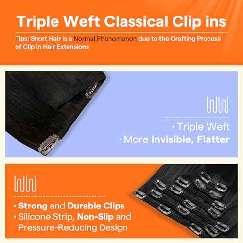 Full Shine Clip in Hair Extensions Black 24 Inch Hair Extensions Clip ins Jet Black Human Hair Clip in Extensions for Long Hair for Women 7 Pcs 120 G
