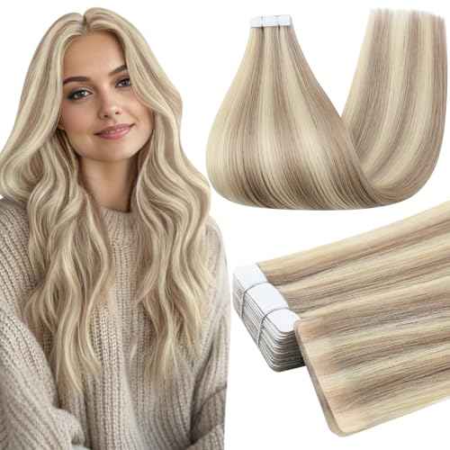 Full Shine Injection Tape in Hair Extensions Color 18/613 Ash Blonde and Light Blonde 24 Inch Invisible Tape in Extensions Long Straight Skin Weft 50 Grams 20 Pcs for Party