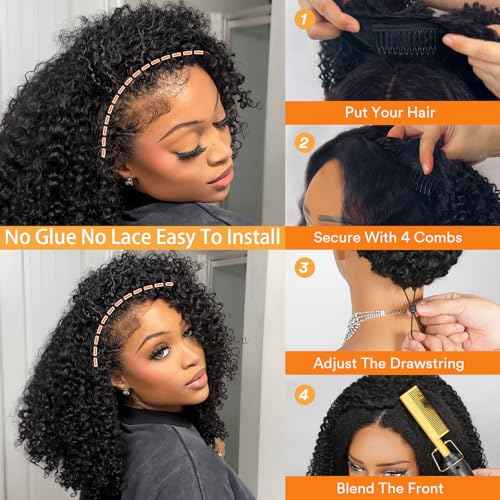 Kinky Curly Half Wig Human Hair 250% Density 20 Inch 3 In 1 Seamless Flip Over Drawstring Ponytail Headband Wig Human Hair Glueless Wear and Go 100% Human Hair Burmese Kinky Curly Half Wigs