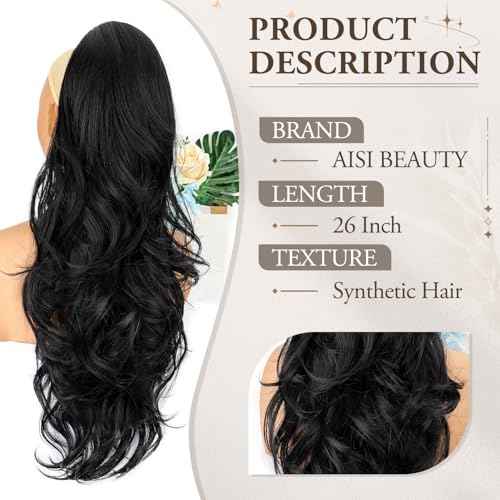 AISI BEAUTY Ponytail Extension 26 Inch Drawstring Ponytail Extension for Women Synthetic Long Black Wavy Layered Pony Tails Hair Extensions Clip in hairpieces fow Women