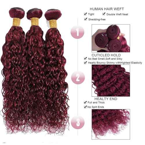 Human Hair Bundles Burgundy 99J Water Wave 22 24 26 Inch Bundles Human Hair 100% Unprocessed Burgundy Soft Sewn In Hair with Double Weft for Black Women