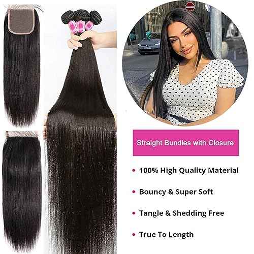 Brazilian Straight Bundles with Closure Human Hair Weave 3 Bundles and 4X4 HD Lace Closure (14 16 18+12 Inch) Unprocessed Virgin Remy Hair Free Part for Women
