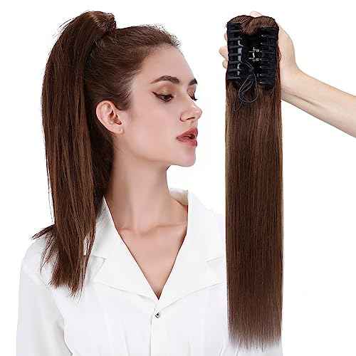 MY-LADY Ponytail Extension Human Hair Claw Clip in Ponytail Hair Extension Straight Pony Tail Hair Extensions Real Human Hair for Women Medium Brown 16 Inch 105g