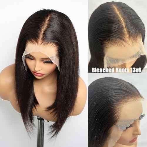 Bleached Knots 13x6 Bob Lace Front Wig Human Hair Straight Transparent Lace Frontal Wigs Pre Plucked with Baby Hair Brazilian Remy 180 Density Short Natural Color Wigs for Black Women